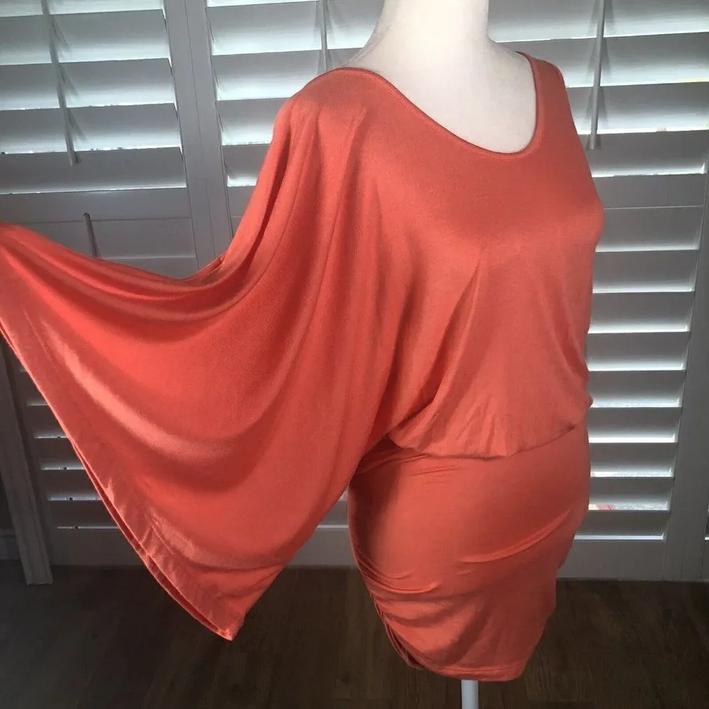 NEW Arden B Bright Coral One Shoulder Kimono Mini Dress M Ruched Bodycon Skirt